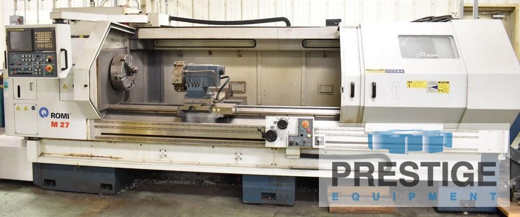 Romi M27 27" x 120", Fanuc 21i-TB, 16" 3-Jaw Chuck, 8-Sta. Turret, Tailstock, Steady Rests, Chip Conveyor, 2009, #32643